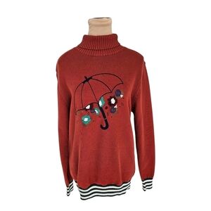 Polo Ralph Lauren Vintage Burnt Orange Turtle Neck Sweater W/ Rain Umbrella Sz M